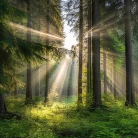 Sunbeams through the trees in the forest with lens flare effectの素材