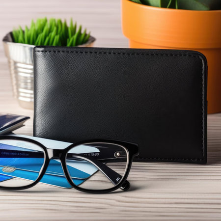 Black leather wallet with credit cards and glasses on a wooden tableの素材