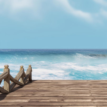 Wooden pier with sea and blue sky backgroundの素材