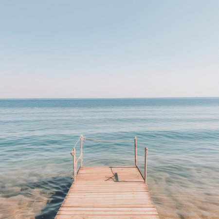 Wooden pier on the sea and blue sky backgroundの素材
