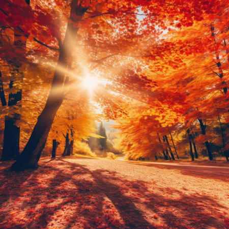 Beautiful autumn landscape in the park - sunset in the autumn forestの素材
