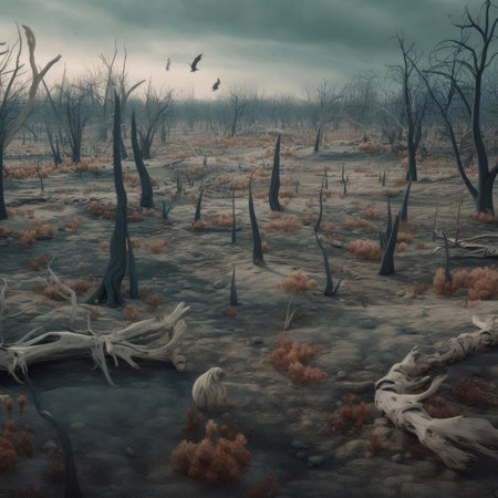 Fantasy landscape with dry trees and birds - digital paintingの素材