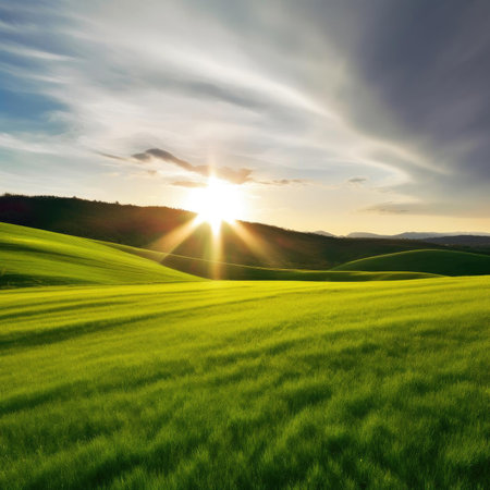 Beautiful sunset - landscape with green fieldの素材