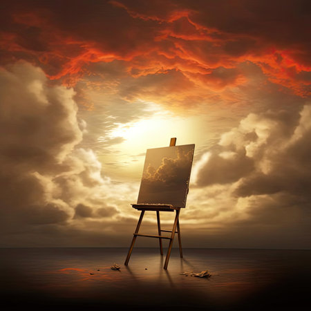 Easel with oil painting on the beach in the sunsetの素材