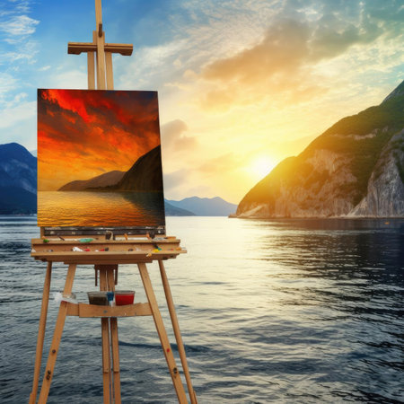 Easel with oil painting on the background of the sea at sunsetの素材