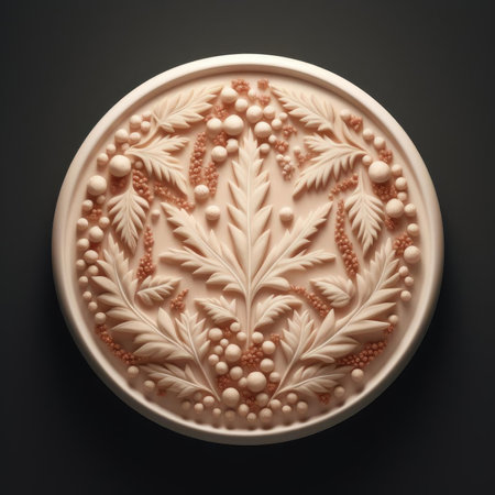 Ceramic plate with floral ornament on dark background, top viewの素材