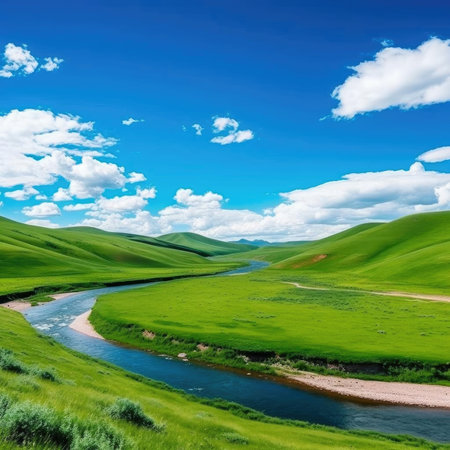 Landscape of green hills and river under blue sky with white cloudsの素材