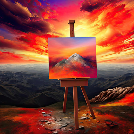 Easel with oil painting on the background of a mountain landscape with a beautiful sunsetの素材