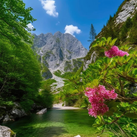 Beautiful mountain landscape with a river and pink flowers in the foregroundの素材