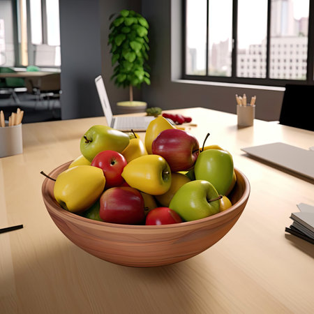 Bowl of fresh fruits on wooden table in officeの素材
