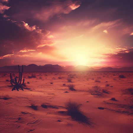 Desert landscape with cacti and sand dunes at sunsetの素材