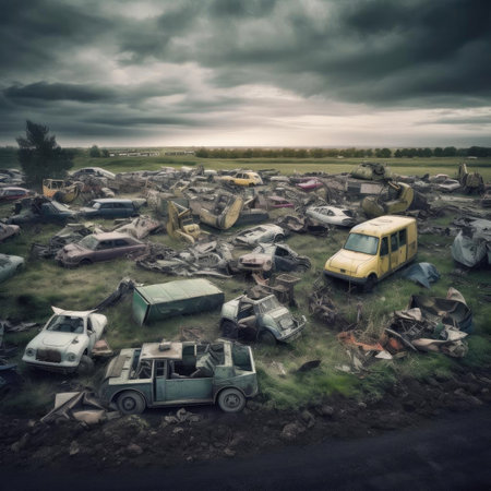Abandoned cars in a stormy dayの素材