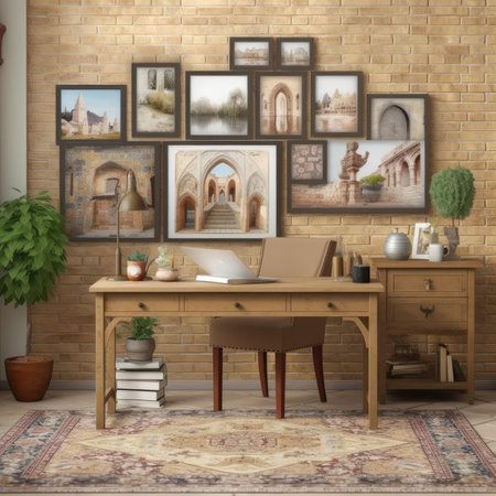 A working place with a laptop and pictures on the wallの素材