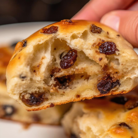 Biscuit with raisins on a white plate - selective focusの素材