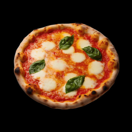 Pizza margherita with mozzarella and basil isolated on black backgroundの素材
