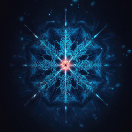 Abstract fractal blue background with a glowing snowflake in the centerの素材