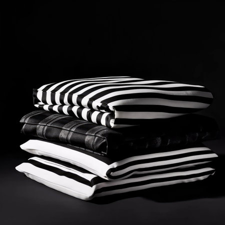 Stack of black and white striped pillows isolated on black backgroundの素材