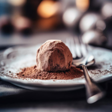 Chocolate truffles with cocoa powder on a plate - selective focusの素材