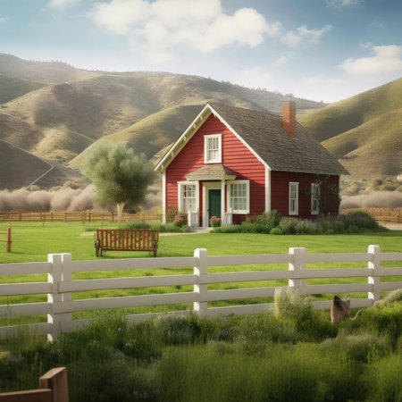 Red house in the countryside with green grass and fenceの素材