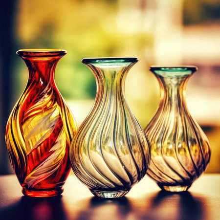 Three colorful glass vases on a table in a cafeの素材