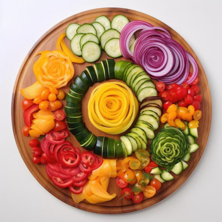 Sliced fresh vegetables on wooden plate on white backgroundの素材