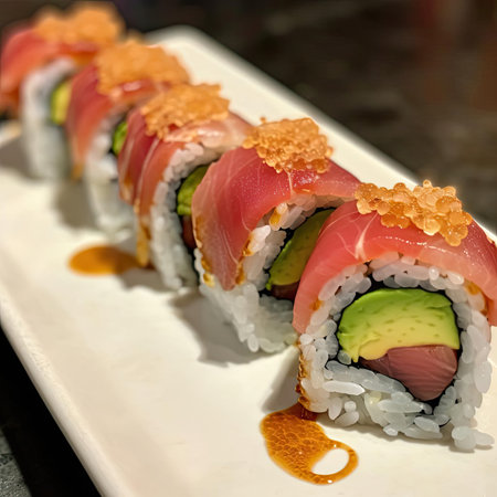 Sushi roll with salmon, avocado, and red caviarの素材