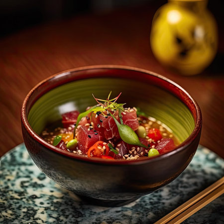 Tuna sashimi with vegetables and sesame seeds in a bowlの素材