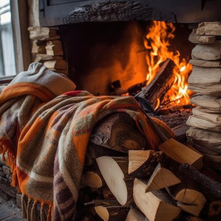 Fireplace with burning firewood and woolen scarf in country houseの素材