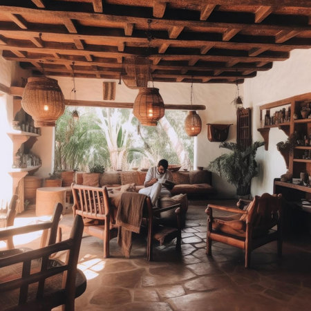 Young man sitting in a chair in a cafeの素材