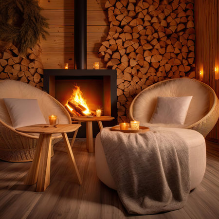 Interior of a modern chalet with a fireplaceの素材