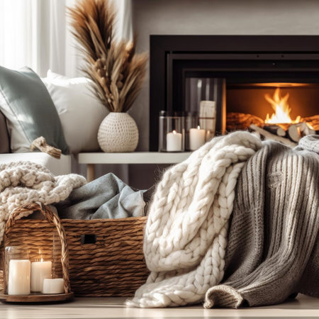 Cozy living room with fireplace, candles, and knitted sweatersの素材