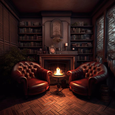 Interior of a living room with a fireplace and two armchairsの素材