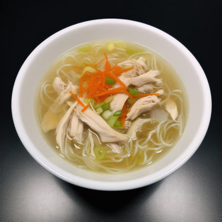 Chicken noodle soup in white bowl on dark background, top viewの素材