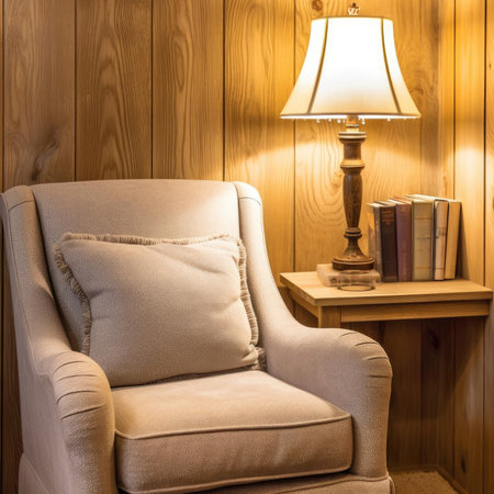 Comfortable armchair with lamp and books on wooden shelf in roomの素材
