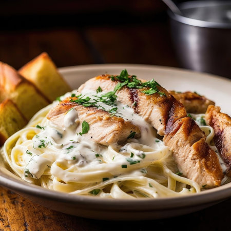 Spaghetti carbonara with grilled chicken fillet, cream sauce and parsleyの素材