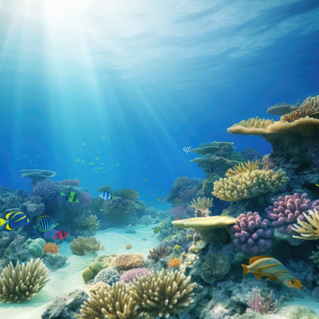 Underwater view of coral reef with tropical fish and sunlightの素材