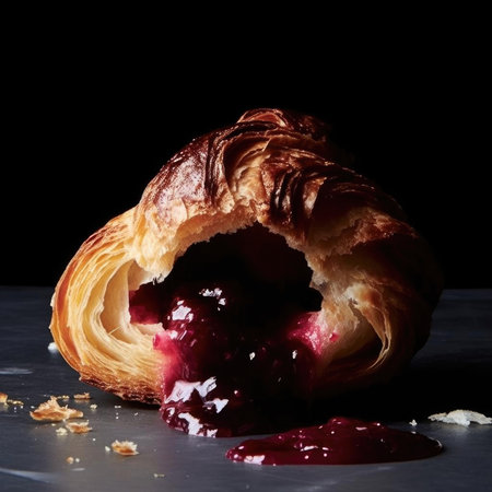 Freshly baked croissant with berry jam on black backgroundの素材