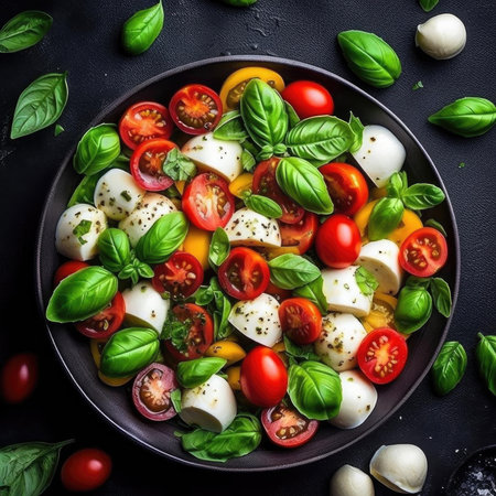 Caprese salad with mozzarella cheese, tomatoes, and basil on black backgroundの素材