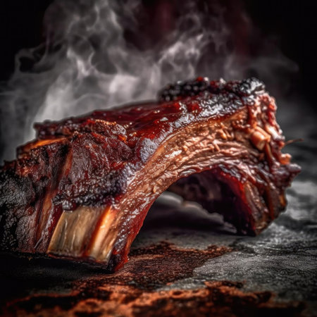 Smoked pork ribs on a black background - selective focusの素材