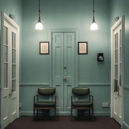 Interior of a waiting room with chairs and lampsの素材