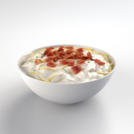 Bowl of spaghetti with white sauce and bacon on white backgroundの素材