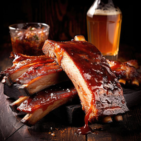 Grilled ribs on a dark wooden background, selective focusの素材