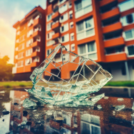 Broken glass on the background of a multi-storey buildingの素材