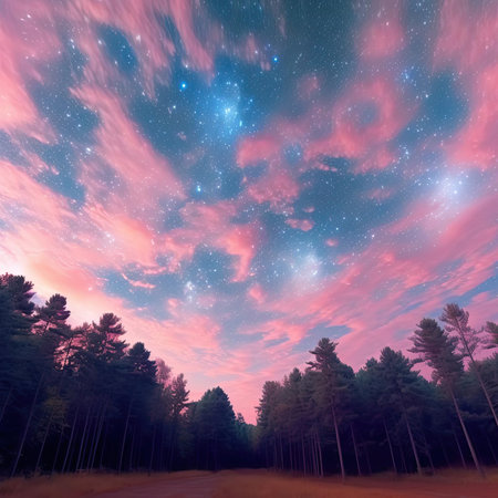 Fantasy landscape with pine forest and starry skyの素材