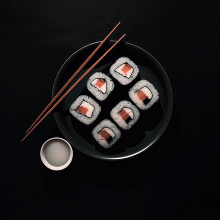 Sushi rolls on a black plate with chopsticks on a black backgroundの素材
