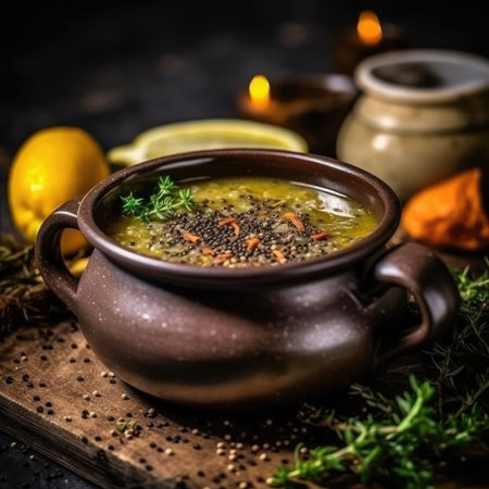 Bowl of lentil soup with herbs on dark backgroundの素材