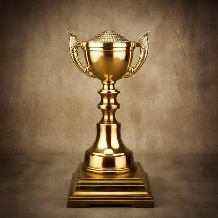 A golden trophy cup on a beige backgroundの素材