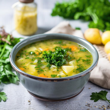 Vegetable soup with parsley in a bowl on a wooden background - selective focusの素材