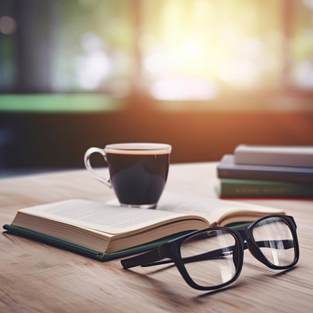 Cup of coffee with book and eyeglasses on wooden tableの素材