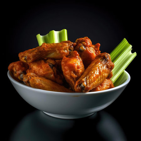 Baked chicken wings with celery in a bowl on black backgroundの素材